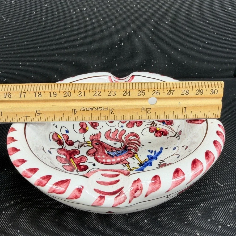 Vintage PV Italy Hand Painted Ceramic Rooster Ash Holder Red Floral Bowl 6724 D
